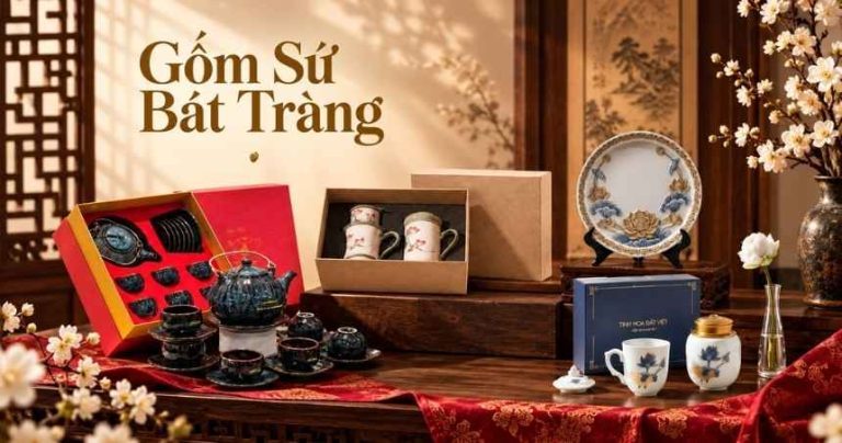 Bộ quà Tết gốm sứ Bát Tràng men hỏa biến in logo doanh nghiệp
