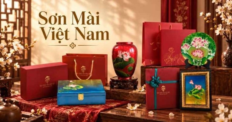 Hộp quà Tết sơn mài vẽ sen đắp vàng và tranh sơn mài in logo doanh nghiệp