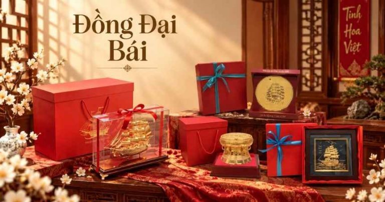 Quà Tết đồng Đại Bái tranh đồng dát vàng 24K và mô hình thuyền đồng tặng đối tác