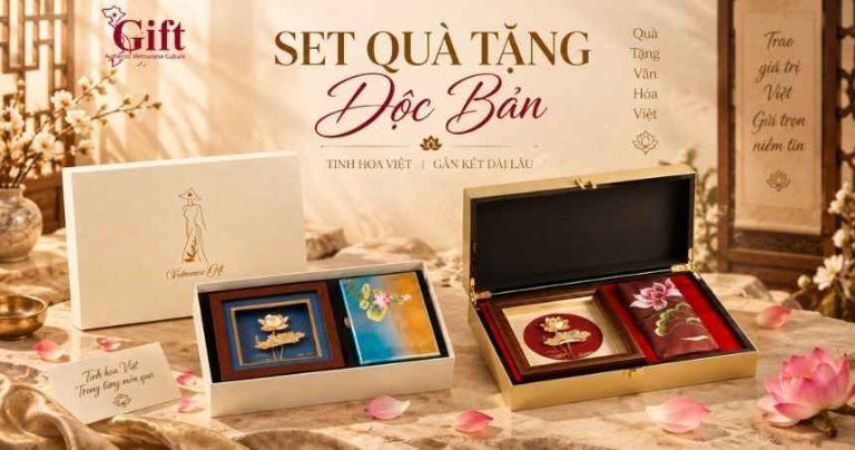 Set quà Tết độc bản tranh đồng dát vàng và hộp sơn mài in logo doanh nghiệp