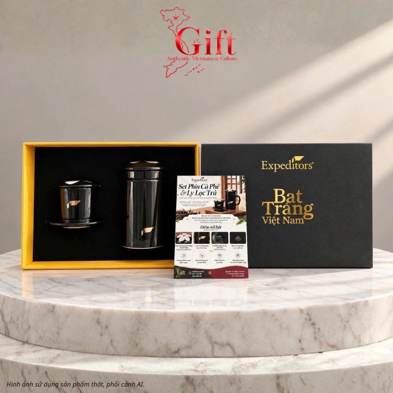 Set Quà Tặng Phin Cà Phê Và Ly Lọc Trà Gốm In Logo