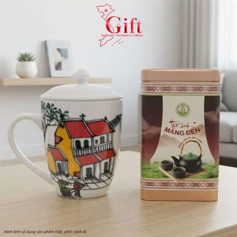 Set Quà Tặng Gốm Sứ – Ly Sứ Phong Cảnh Việt Nam & Trà Olong Cao Cấp