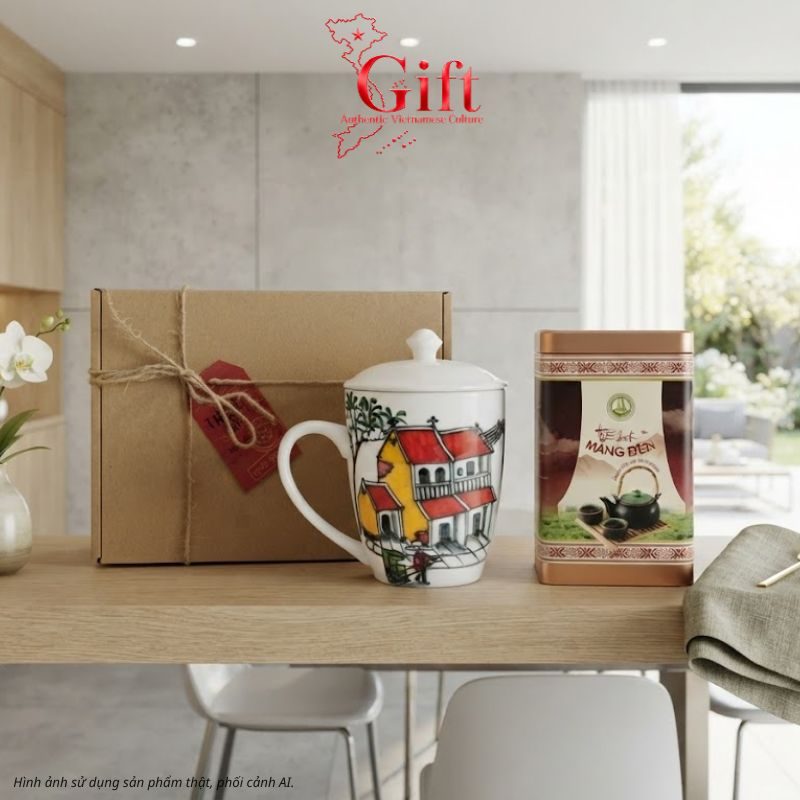 Set Quà Tặng Gốm Sứ – Ly Sứ Phong Cảnh Việt Nam & Trà Olong Cao Cấp