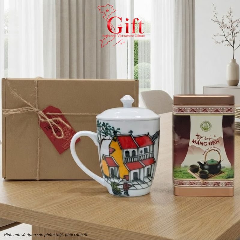 Set Quà Tặng Gốm Sứ – Ly Sứ Phong Cảnh Việt Nam & Trà Olong Cao Cấp