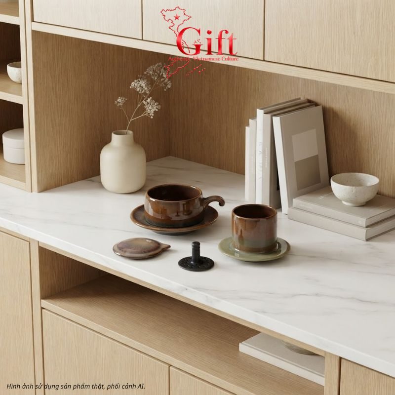 Set Quà Tặng Gốm Sứ – Phin Cà Phê & Ly Sứ Men Hỏa Biến & Cà Phê Rang Xay