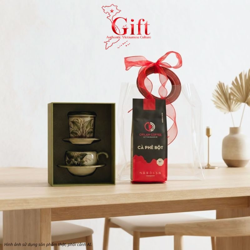Set Quà Tặng Gốm Sứ – Phin Cà Phê Men Bóng Vẽ Chuồn Chuồn & Cà Phê Rang Xay