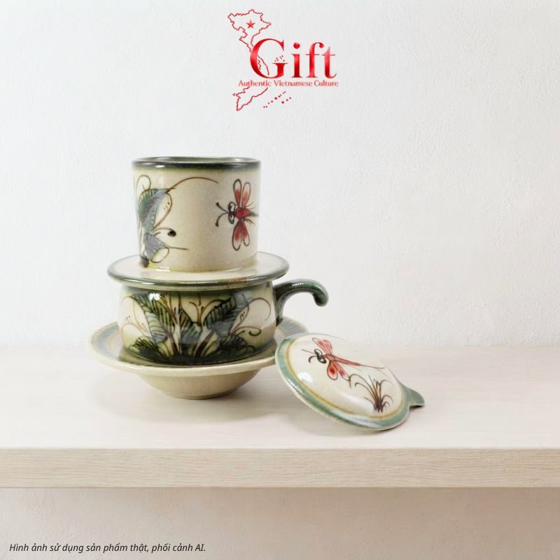 Set Quà Tặng Gốm Sứ – Phin Cà Phê Men Bóng Vẽ Chuồn Chuồn & Cà Phê Rang Xay