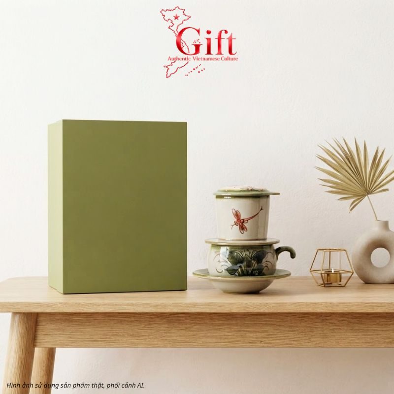 Set Quà Tặng Gốm Sứ – Phin Cà Phê Men Bóng Vẽ Chuồn Chuồn & Cà Phê Rang Xay