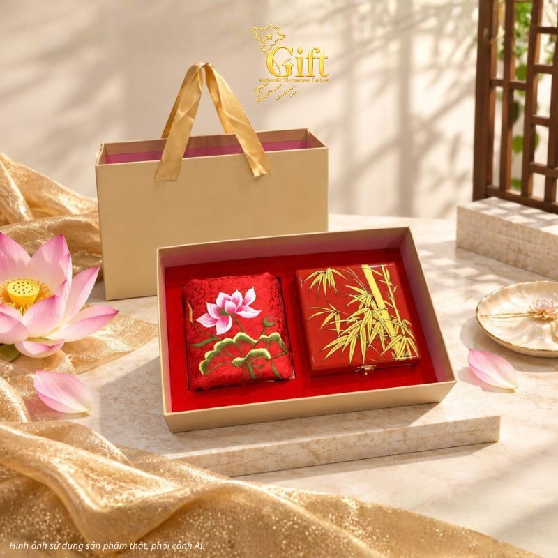 Set quà tặng hộp trang sức sơn mài và khăn lụa
