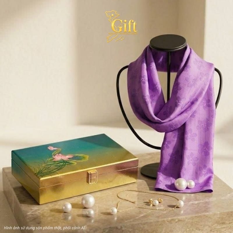 Set quà tặng hộp trang sức sơn mài và khăn lụa
