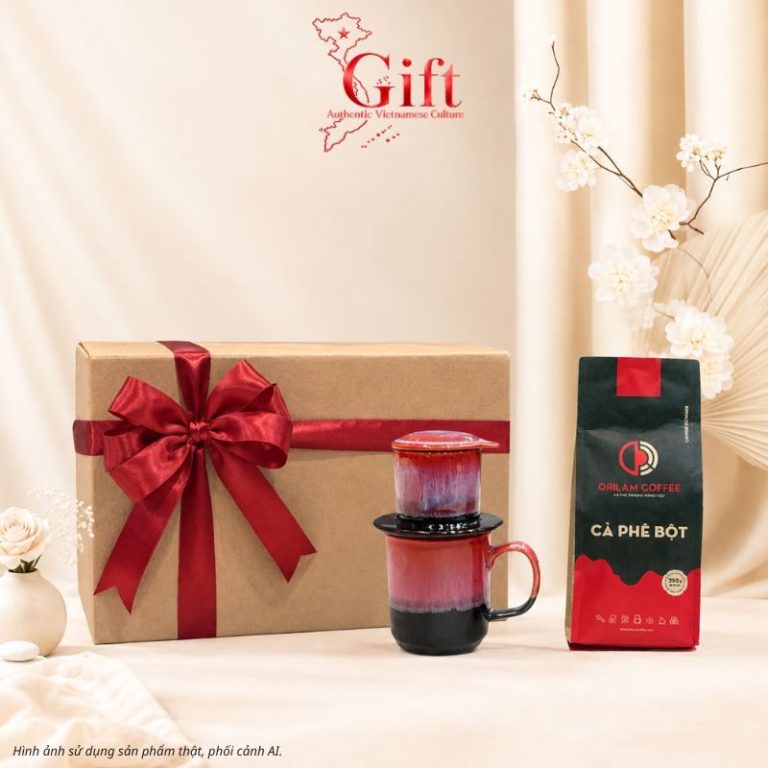 Set Quà Tặng Gốm Sứ – Phin Cà Phê Men Hỏa Biến Màu Hồng & Cà Phê Rang Xay