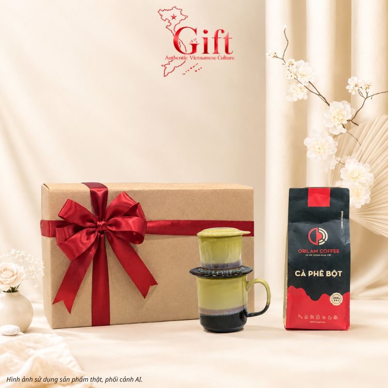 Set Quà Tặng Gốm Sứ – Phin Cà Phê Men Hỏa Biến Màu Vàng & Cà Phê Rang Xay