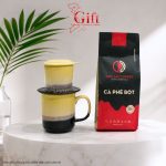 Set Quà Tặng Gốm Sứ – Phin Cà Phê Men Hỏa Biến Màu Vàng & Cà Phê Rang Xay