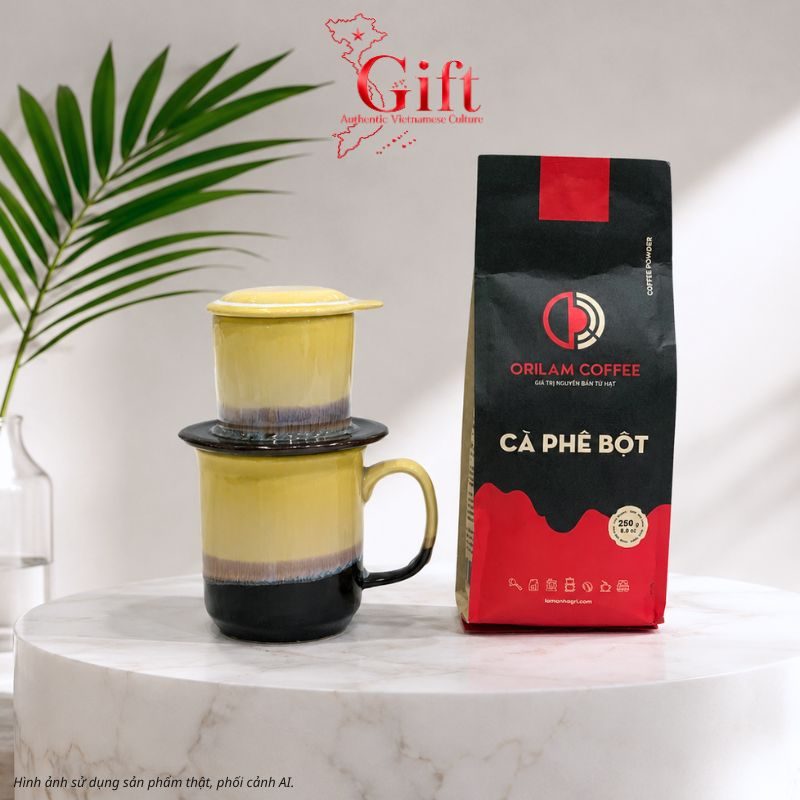 Set Quà Tặng Gốm Sứ – Phin Cà Phê Men Hỏa Biến Màu Vàng & Cà Phê Rang Xay