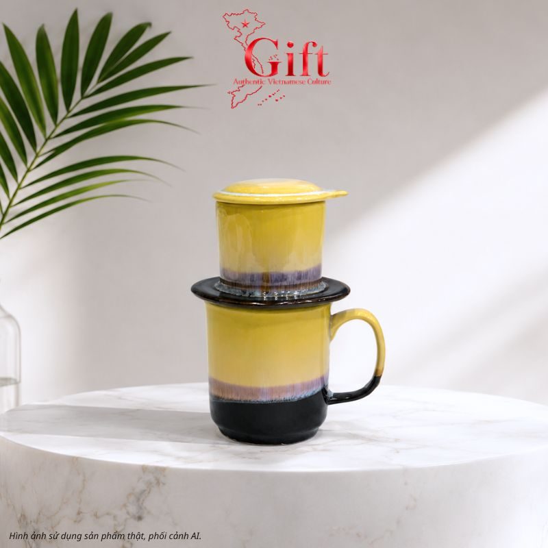 Set Quà Tặng Gốm Sứ – Phin Cà Phê Men Hỏa Biến Màu Vàng & Cà Phê Rang Xay