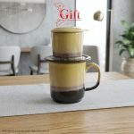 Set Quà Tặng Gốm Sứ – Phin Cà Phê Men Hỏa Biến Màu Vàng & Cà Phê Rang Xay