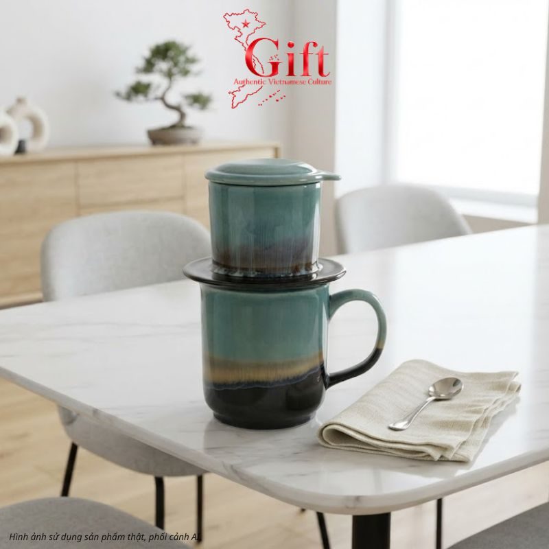 Phin Cà Phê Men Hỏa Biến Màu Xanh Ngọc & Cà Phê Rang Xay