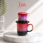 Set Quà Tặng Gốm Sứ – Phin Cà Phê Men Hỏa Biến Màu Hồng & Cà Phê Rang Xay