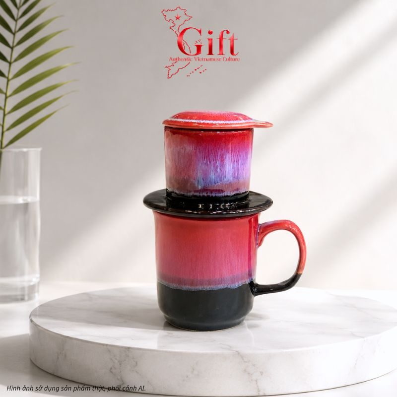 Set Quà Tặng Gốm Sứ – Phin Cà Phê Men Hỏa Biến Màu Hồng & Cà Phê Rang Xay