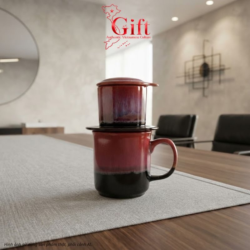 Set Quà Tặng Gốm Sứ – Phin Cà Phê Men Hỏa Biến Màu Hồng & Cà Phê Rang Xay