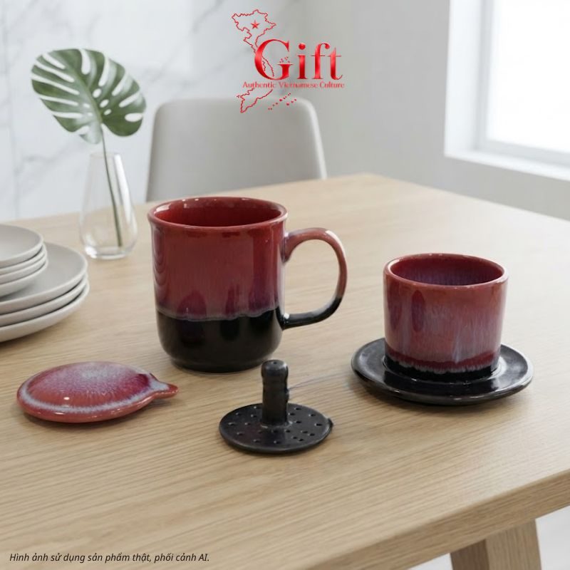Set Quà Tặng Gốm Sứ – Phin Cà Phê Men Hỏa Biến Màu Hồng & Cà Phê Rang Xay