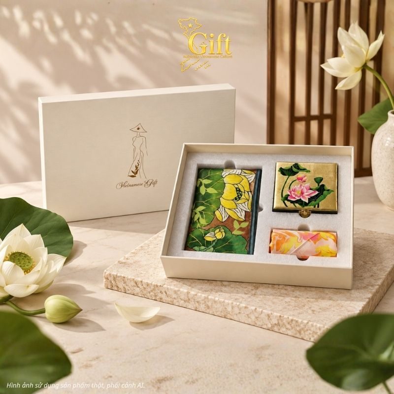 Set quà tặng túi lá sen , hộp trang sức và khăn lụa - Quà tặng sếp và đối tác