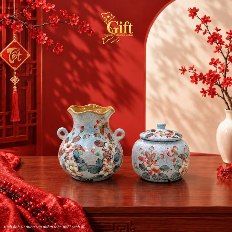 Set Quà Tết Lọ Hoa & Hũ Mứt Gốm Bát Tràng Vẽ Hoa
