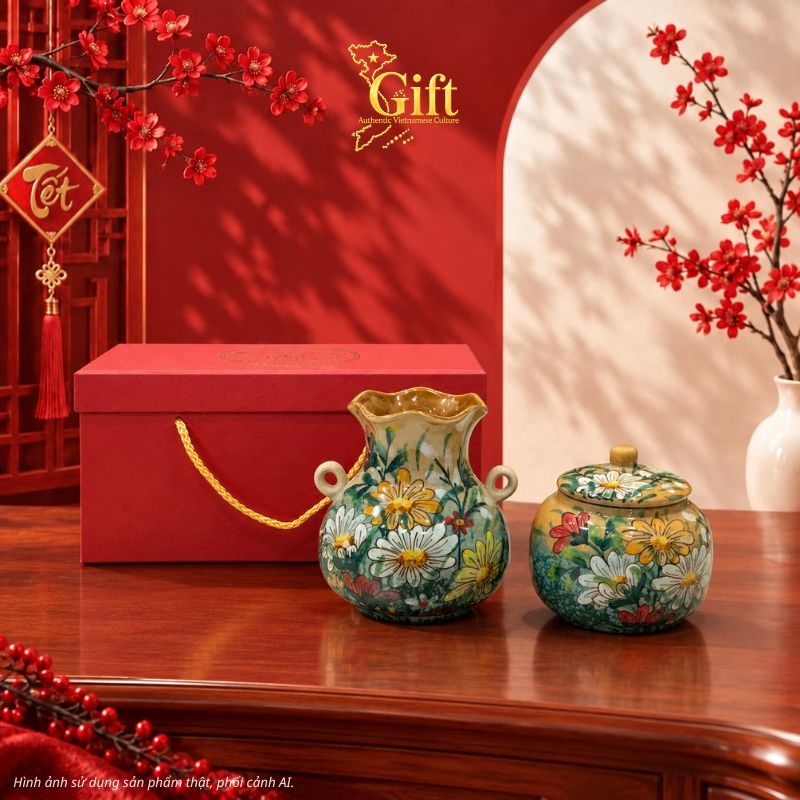 Set Quà Tết Lọ Hoa & Hũ Mứt Gốm Bát Tràng Vẽ Hoa Cúc