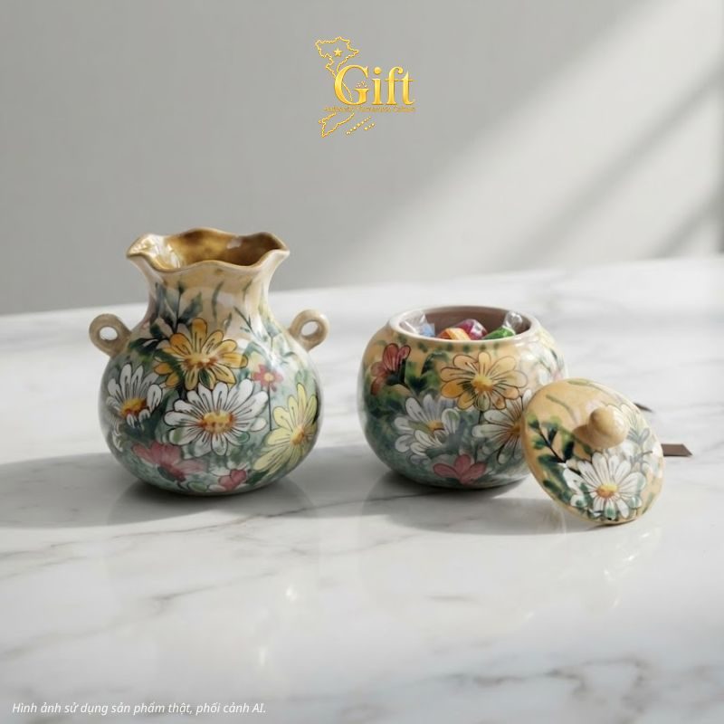 Set Quà Tết Lọ Hoa & Hũ Mứt Gốm Bát Tràng Vẽ Hoa Cúc