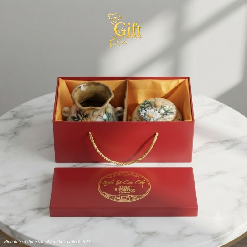 Set Quà Tết Lọ Hoa & Hũ Mứt Gốm Bát Tràng Vẽ Hoa Cúc