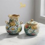 Set Quà Tết Lọ Hoa & Hũ Mứt Gốm Bát Tràng Vẽ Hoa Cúc