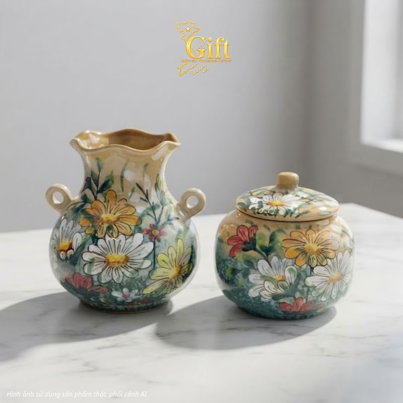 Set Quà Tết Lọ Hoa & Hũ Mứt Gốm Bát Tràng Vẽ Hoa Cúc