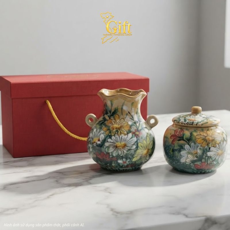 Set Quà Tết Lọ Hoa & Hũ Mứt Gốm Bát Tràng Vẽ Hoa Cúc