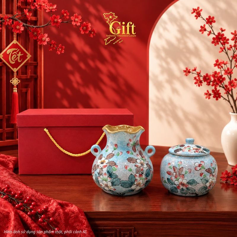 Set Quà Tết Lọ Hoa & Hũ Mứt Gốm Bát Tràng Vẽ Hoa