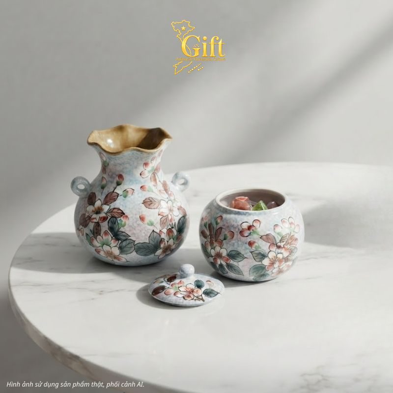 Set Quà Tết Lọ Hoa & Hũ Mứt Gốm Bát Tràng Vẽ Hoa