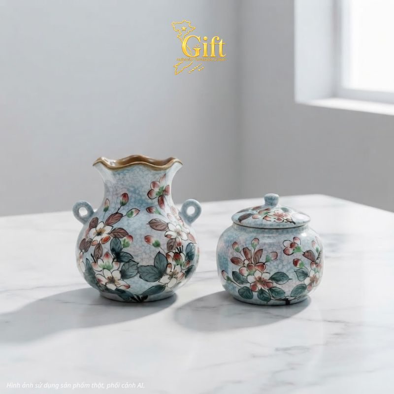 Set Quà Tết Lọ Hoa & Hũ Mứt Gốm Bát Tràng Vẽ Hoa