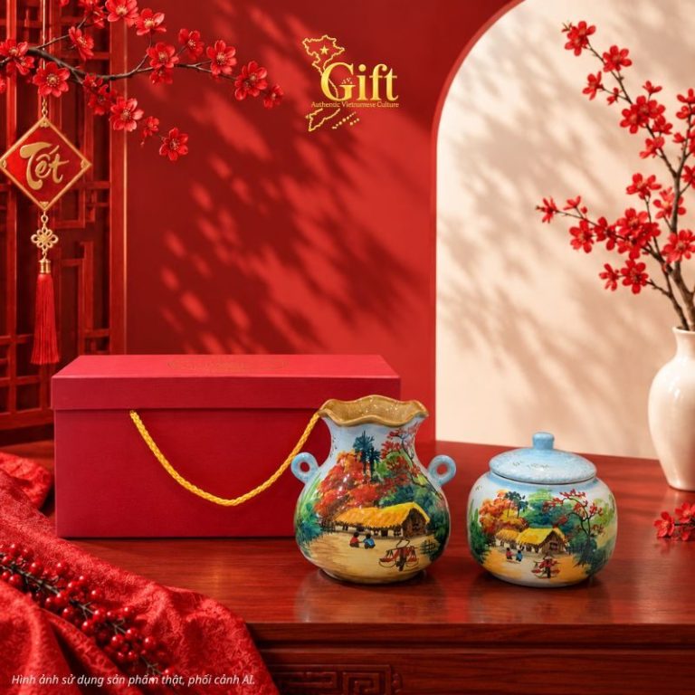 Set Quà Tết Lọ Hoa & Hũ Mứt Gốm Bát Tràng Vẽ Đồng Quê