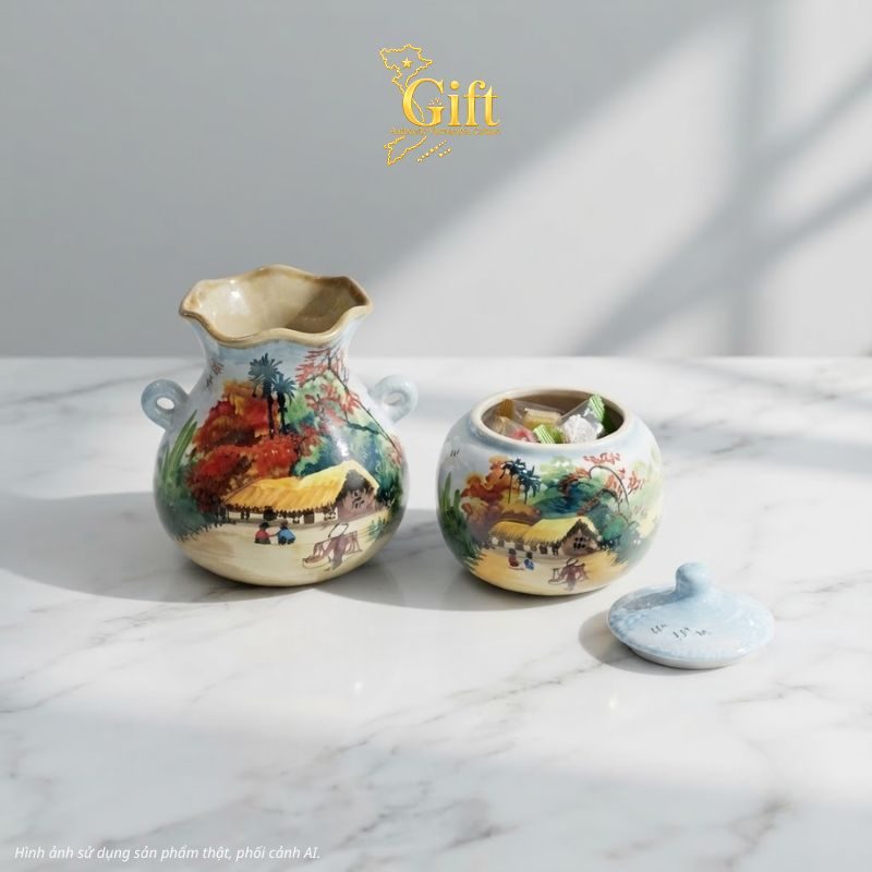 Set Quà Tết Lọ Hoa & Hũ Mứt Gốm Bát Tràng Vẽ Đồng Quê