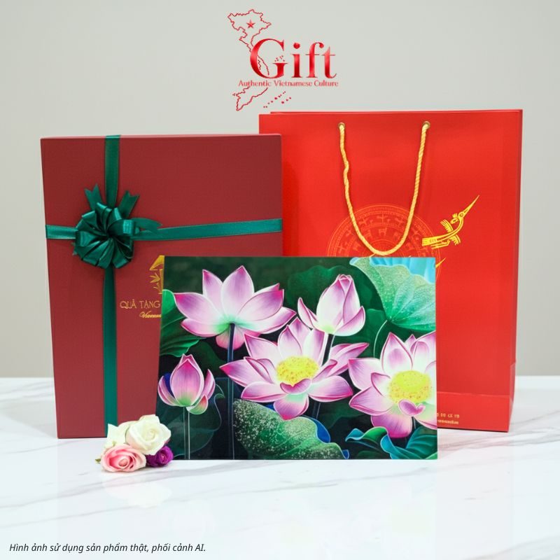 Tranh Sơn Mài Hoa Sen Vẽ Tay Nền Xanh