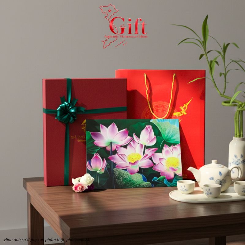 Tranh Sơn Mài Hoa Sen Vẽ Tay Nền Xanh