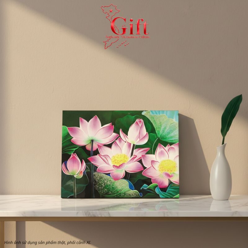 Tranh Sơn Mài Hoa Sen Vẽ Tay Nền Xanh