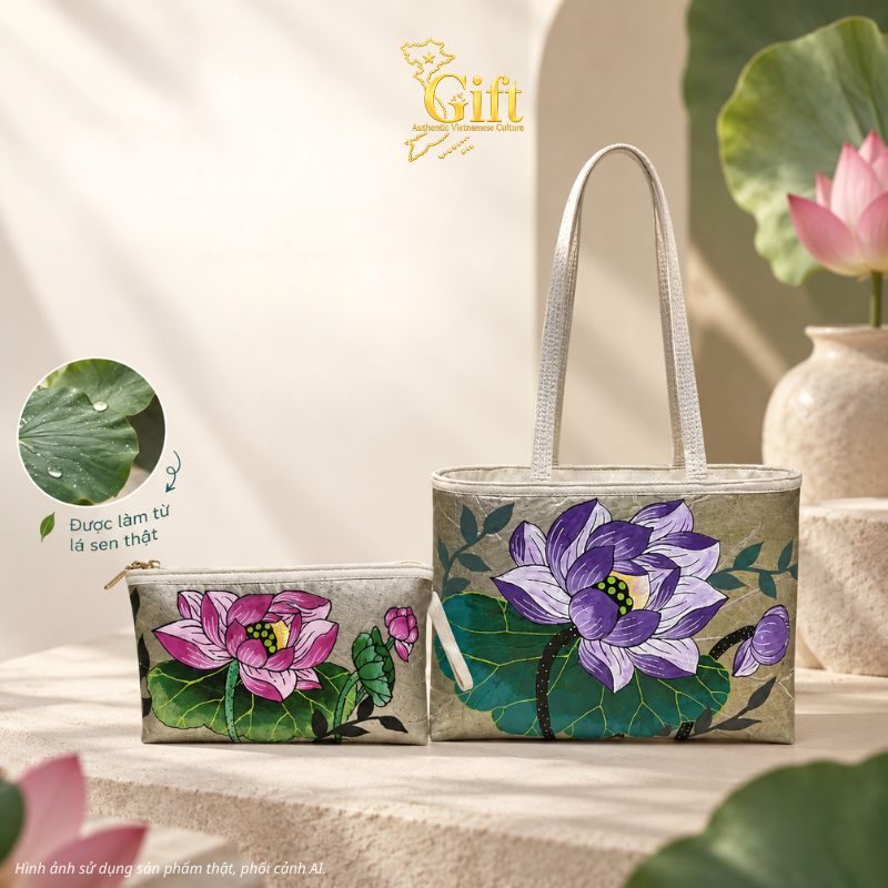 Túi lá sen vẽ tay - Quà tặng ngoại giao