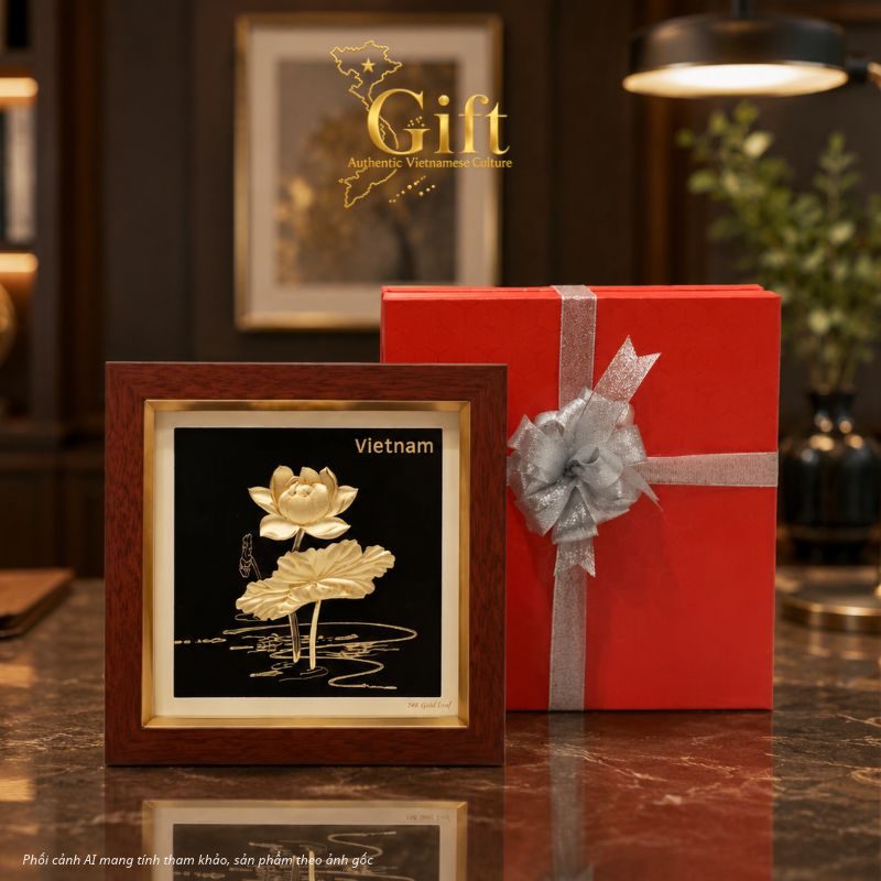 tranh đồng hoa sen dát vàng 24k đen để bàn - quà tặng doanh nghiệp