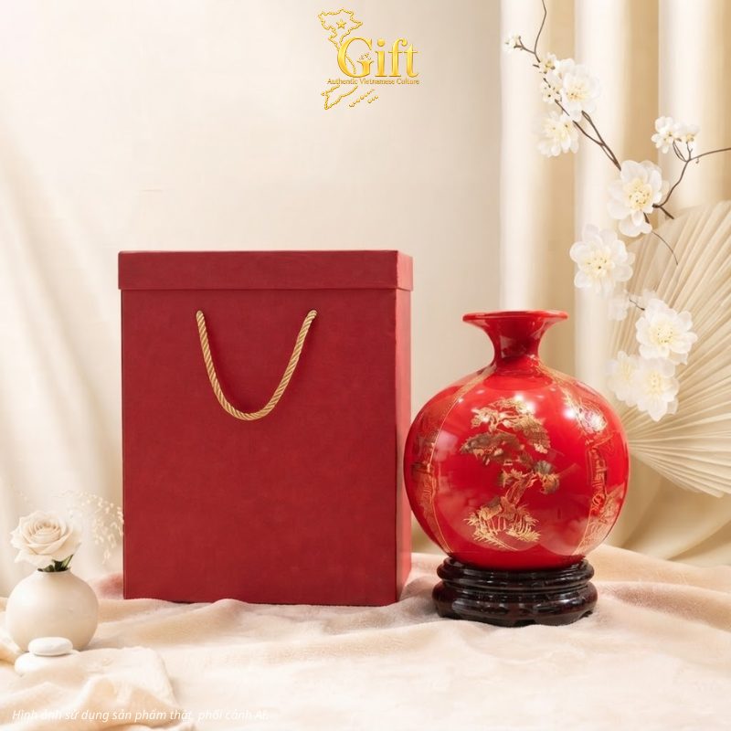 Bình Hút Tài Lộc Tứ Cảnh Tùng Cúc Trúc Mai Nền Đỏ