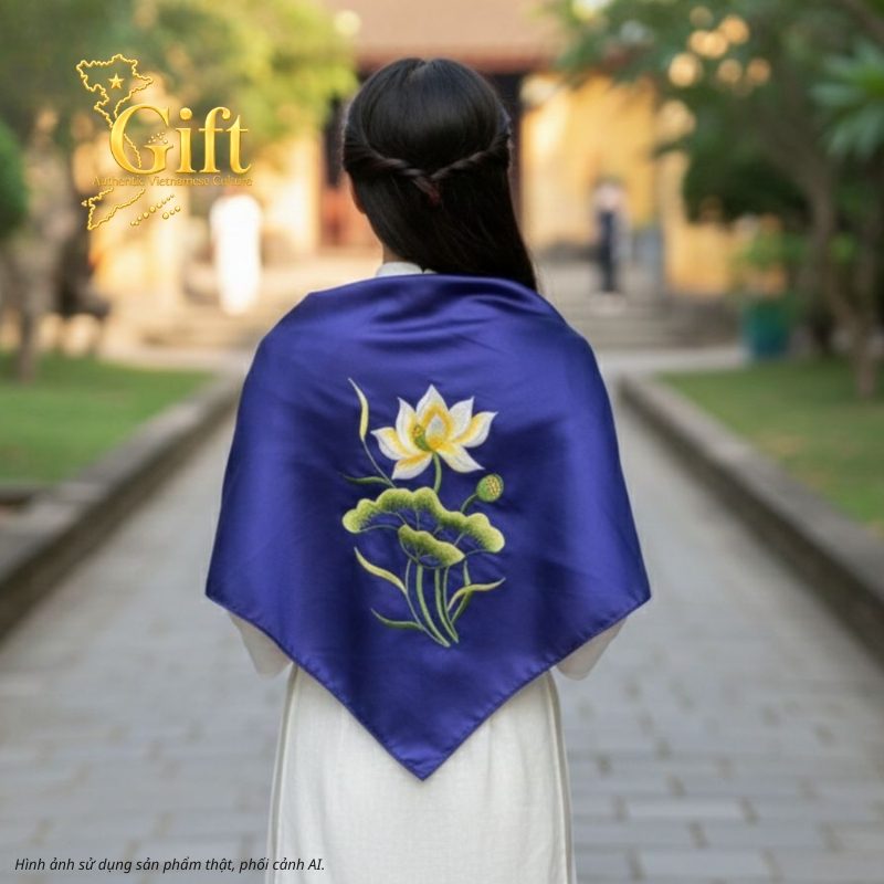 Khăn Lụa Vuông Thêu Sen Trơn Xanh Than