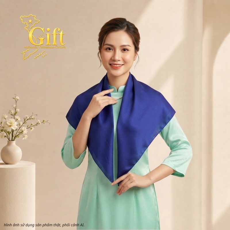 Khăn Lụa Vuông Thêu Sen Trơn Xanh Than