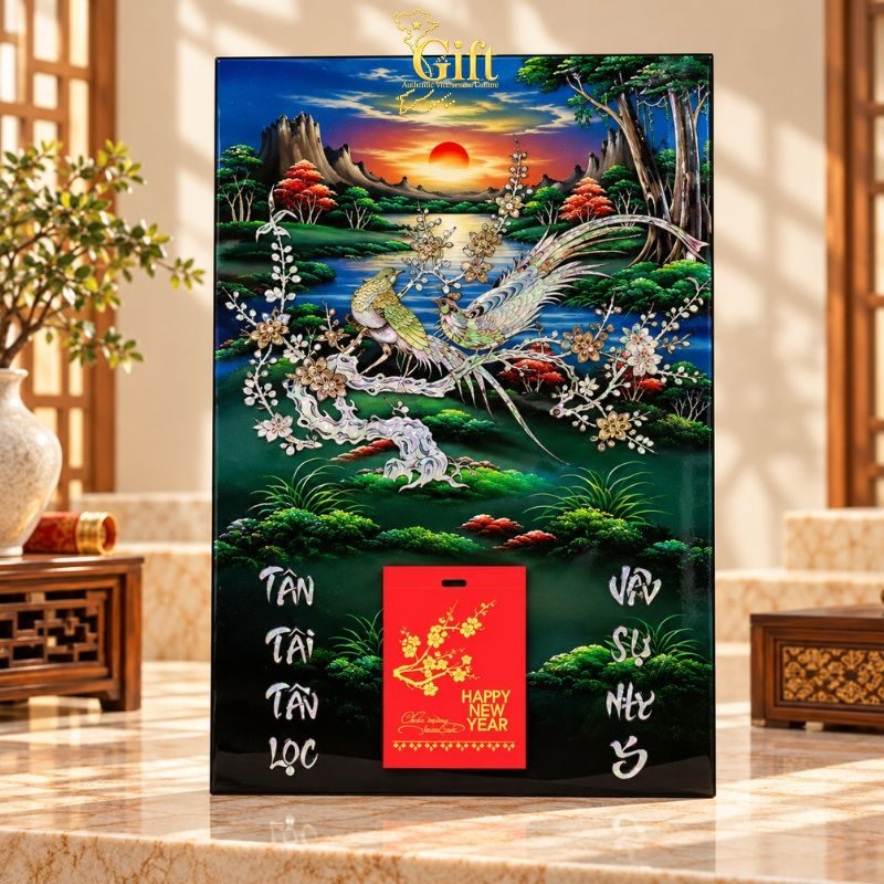 Tranh Lịch Sơn Mài Chim Công Hoa Mai Cẩn Ốc | Quà Tết Doanh Nghiệp 2027 Cao Cấp