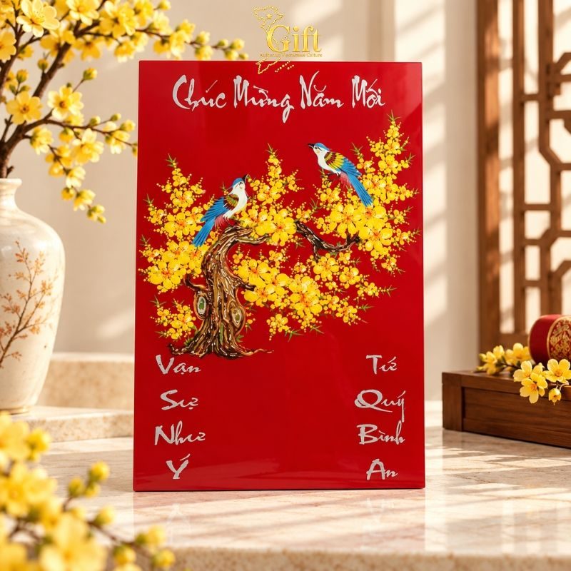 Tranh Lịch Sơn Mài Hoa Mai Vàng Nền Đỏ