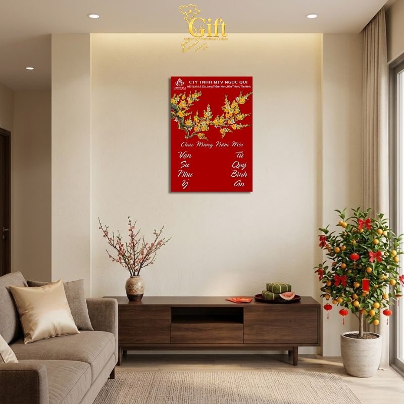 Tranh Lịch Sơn Mài Hoa Mai Vàng Vẽ Tay Nền Đỏ | Quà Tết Doanh Nghiệp 2027 Cao Cấp