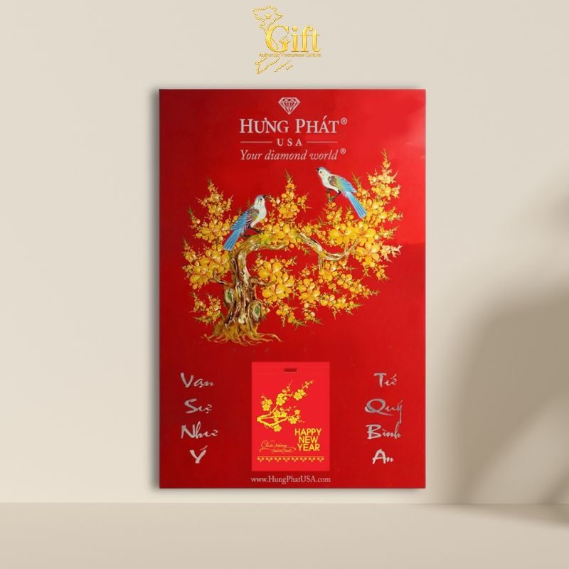 Tranh Lịch Sơn Mài Hoa Mai Vàng Nền Đỏ